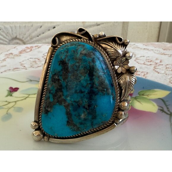 Vintage Ray Nez Heavy Large Blue Turquoise Sterling Cuff Bracelet - Picture 1 of 14